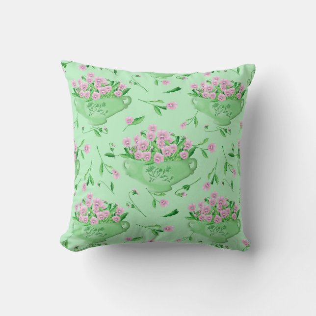 Coussin Pansies roses bol vert et arrière - plan (Recto)