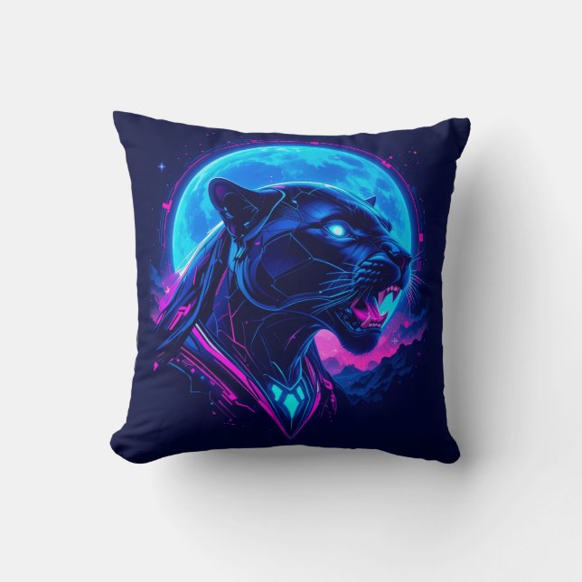 Coussin Panthère noire néon Cyberpunk (Recto)