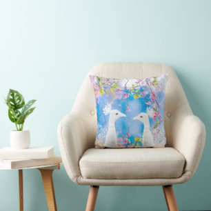 Coussin Paon blanc et sakura fleuri / Amour romantique