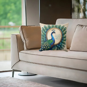 Coussin Paon céleste en fleurs, verset de la Bible