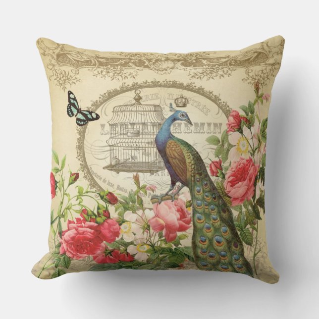 Coussin Paon chic minable français vintage (Recto)