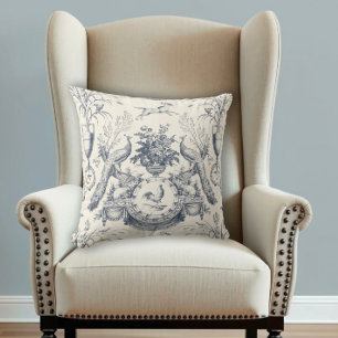 Coussin Paon de toile bleue vintage de campagne française