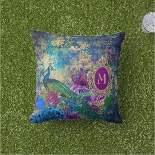 Coussin Paon Élégant Vintage Violet Turquoise Or Monogramm