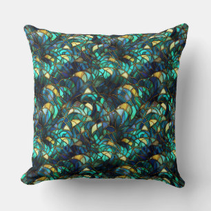Coussin Paon en verre teinté sarcelle, bleu et or