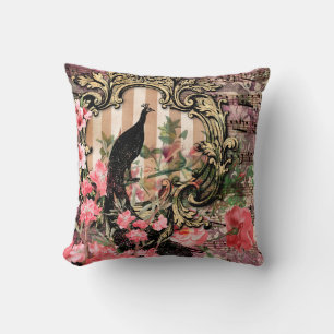 Coussin Paon et fleurs grunge illustrés antiques