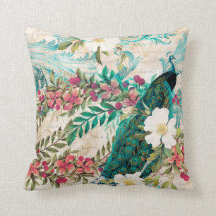 Coussin Paon et fleurs illustrés antiques grunge