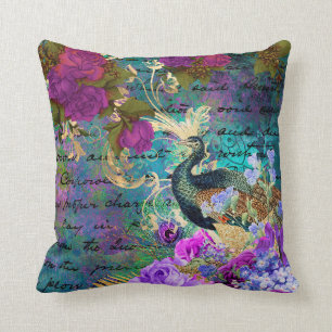 Coussin Paon et fleurs illustrés antiques grunge