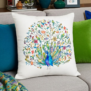 Coussin Paon floral aquarelle 