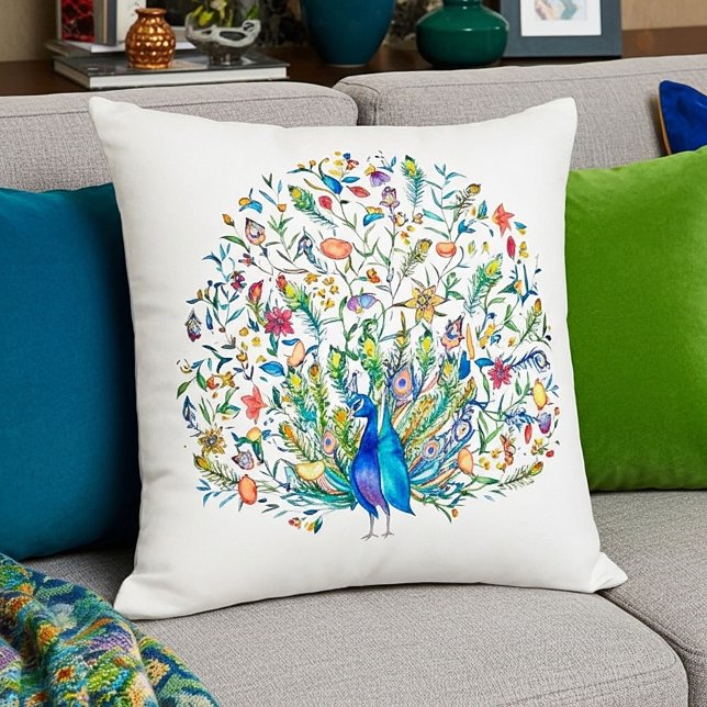 Coussin Paon floral aquarelle  (Créateur téléchargé)