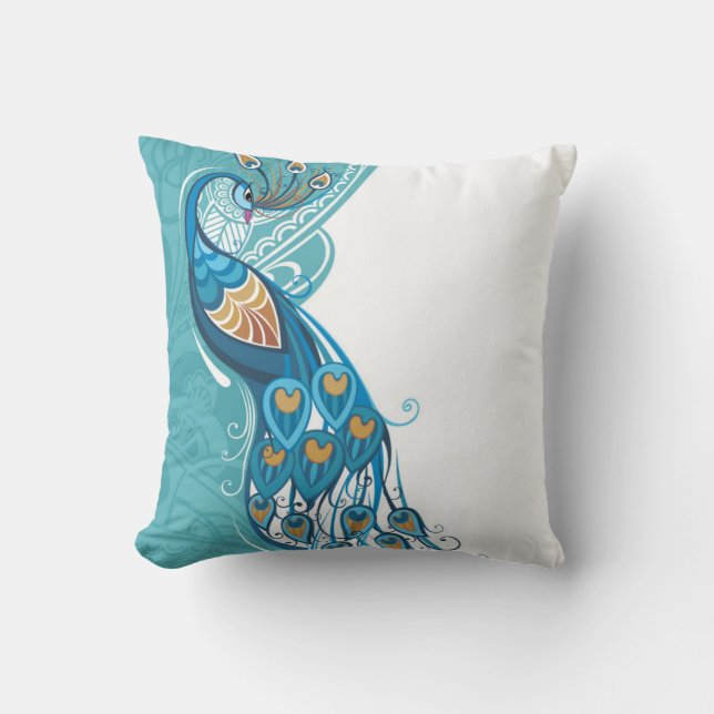 Coussin Paon sur l'illustration turquoise (Recto)