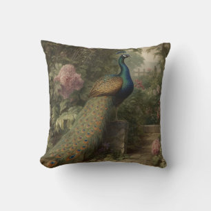 Coussin Paon vintage dans un jardin botanique de fleurs sa