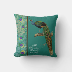 Coussin Paon vintage, gravure à l'eau-forte des plumes n