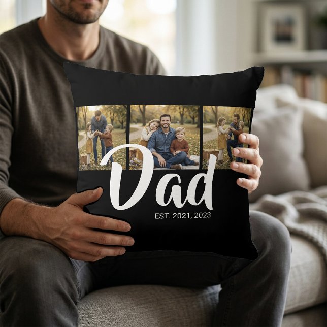 Coussin Papa a établi un script moderne noir 3 Photo (Dad Established Modern Script Black 3 Photo Throw Pillow)
