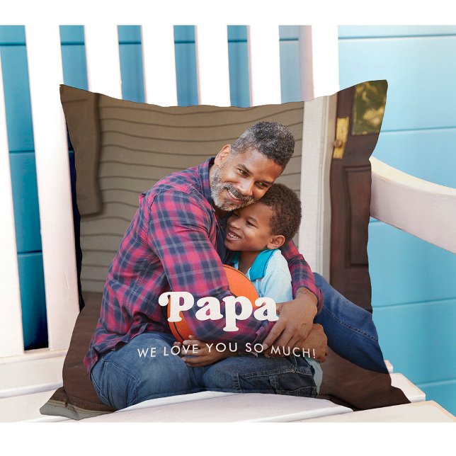 Coussin Papa | Boho Texte superposé avec deux photos (Créateur téléchargé)
