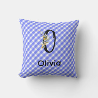 Coussin Papier aquarelle motif gingham bleu Monogramme Fle
