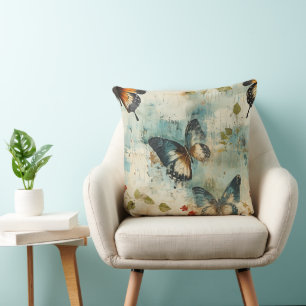 Coussin Papier Botanique Papillon Sarcelle Orange Vintage