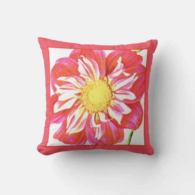 Coussin Papier dahlia rayé rouge et blanc corail (Recto)