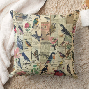 Coussin Papier Journal Botanique Papillon Oiseau Vintage