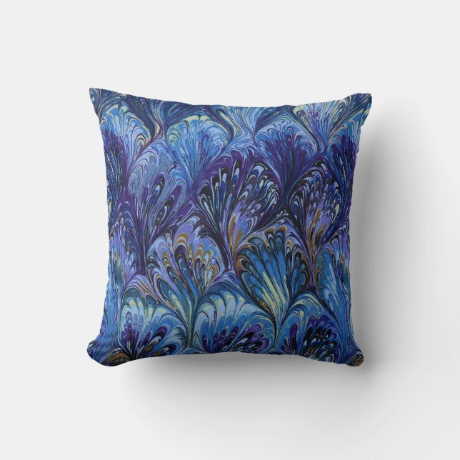 COUSSIN PAPIER MARBÉ, MOTIF ABSTRAIT BLEU PEACOCK, EAUX (Recto)