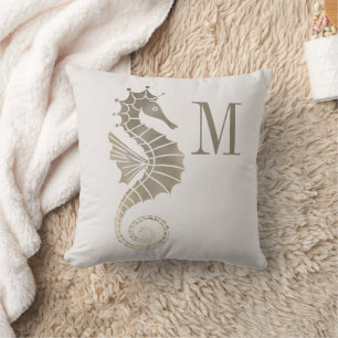 Coussin Papier Monogrammé Cheval Marin Or Crème Océanique