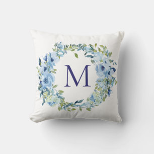 Coussin Papier Monogrammé Fleurs Bleu Vert Aquarelle Botan