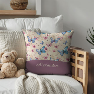 Coussin Papier peint à motif papillon rose bleu aquarelle