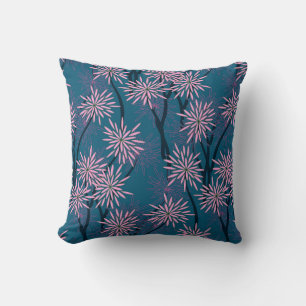 Coussin Papier peint floral : bleu marine asiatique, rose.