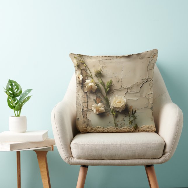 Coussin Papier Vieilli avec Motif de Fleurs Rustiques Blan (Chaise)