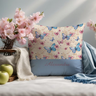 Coussin Papillon accent motif aquarelle rose bleu