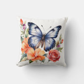 Coussin Papillon aquarelle bleue florales rouges et pêche (Recto)
