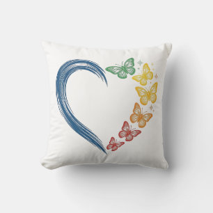 Coussin Papillon arc-en-ciel cœur design de gravure vintag