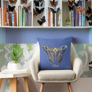 Coussin Papillon bijoux tondu sur bleu pourpre