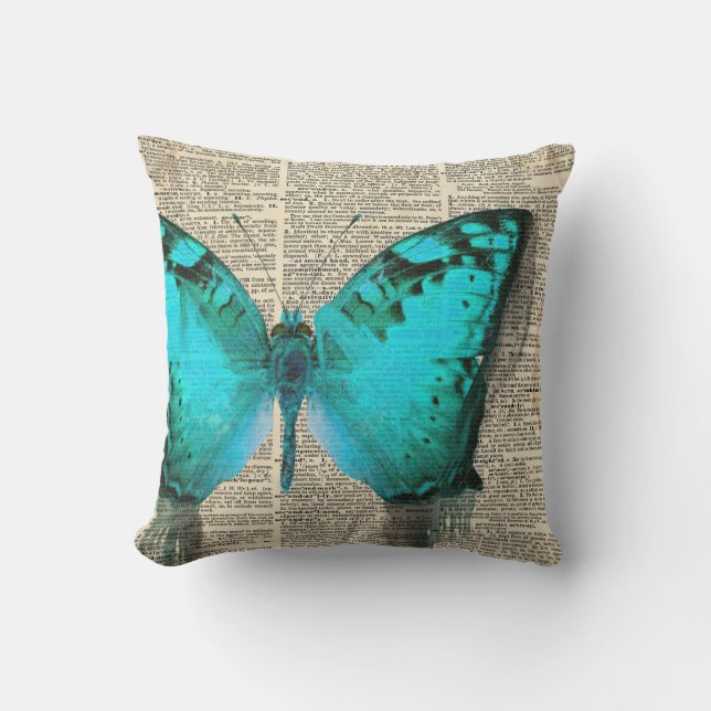 Coussin Papillon bleu, impression de dictionnaire vintage, (Recto)