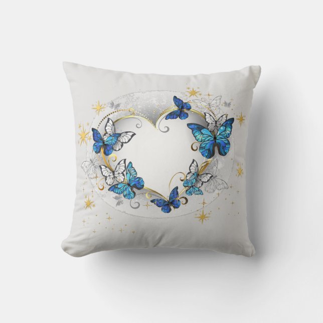 Coussin Papillon Bleu Morpho Cœur I Accents Dorés Élégants (Recto)