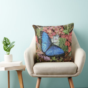 Coussin Papillon bleu Morpho Floral Nature Art