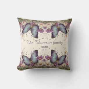 Coussin Papillon bleu vintage et floral pour la famille