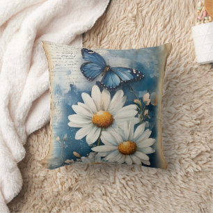 Coussin Papillon bleu vintage et marguerites Ferme