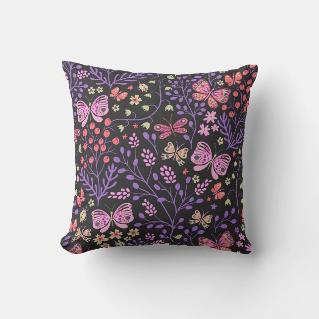 Coussin Papillon coloré et Fleurs Rose mignon (Recto)