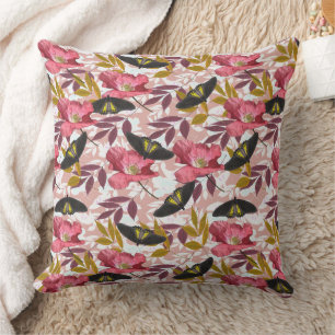 Coussin Papillon coloré et Motif de la nature du pavot