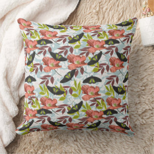 Coussin Papillon coloré et Motif de la nature du Poppy rou