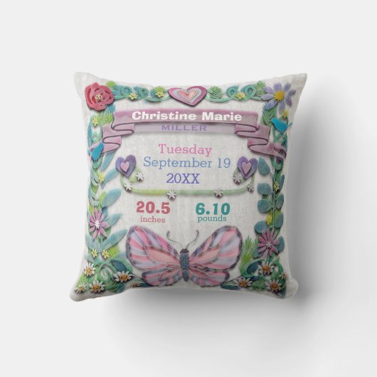 Coussin Papillon de bébé de stat de naissance avec des (Verso)