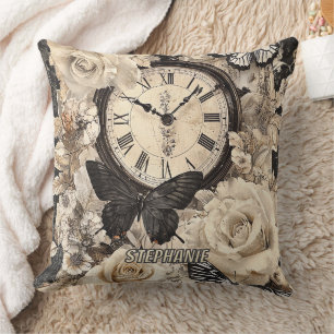 Coussin Papillon de compas marron rustique botanique