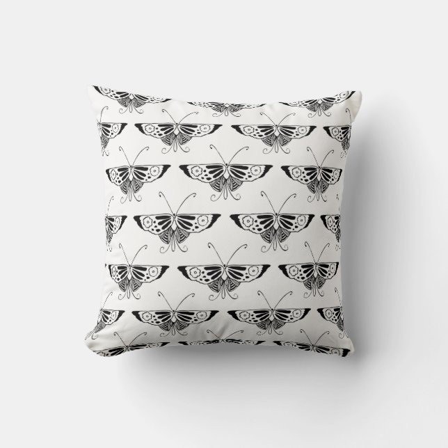 Coussin Papillon Deco stylisé  - noir et blanc (Recto)