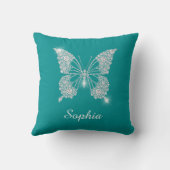 Coussin Papillon Diamant Blanc, Nom de Script, Turquoise P (Verso)