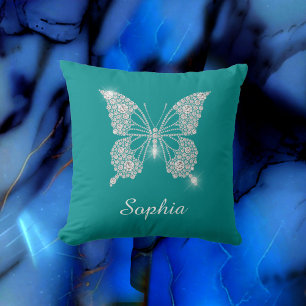 Coussin Papillon Diamant Blanc, Nom de Script, Turquoise P