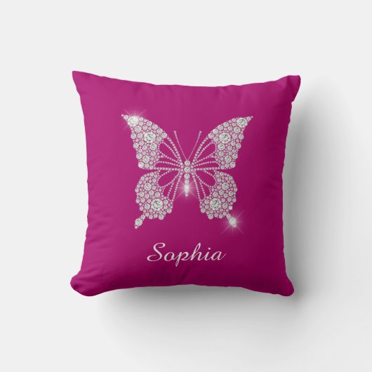 Coussin Papillon Diamant Blanc, Nom du script, Fuchsia pro (Recto)