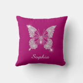 Coussin Papillon Diamant Blanc, Nom en écriture, Fuchsia P (Verso)