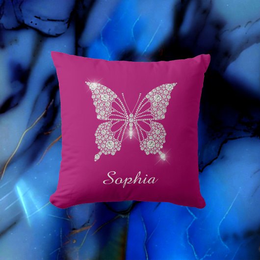 Coussin Papillon Diamant Blanc, Nom en écriture, Fuchsia P