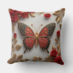 Coussin Papillon Doré Avec Des Roses Rouges Et Des Feuille
