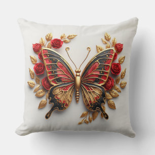 Coussin Papillon doré avec des roses rouges et des feuille